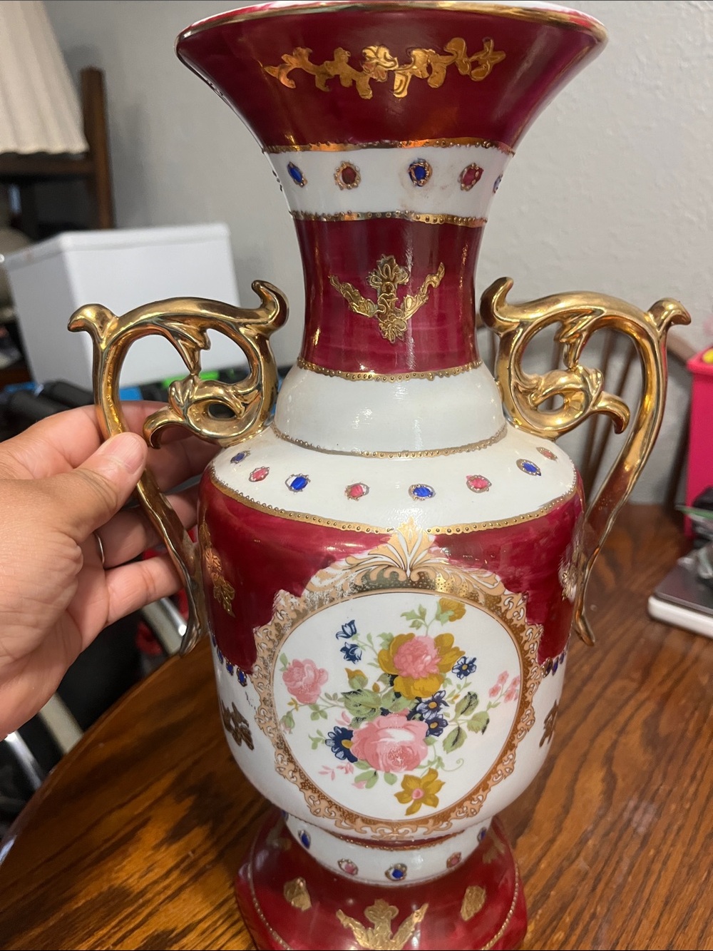 Vintage Red, White and Gold Floral Porcelain Vase with Ornate Handles - Picture 2 of 8